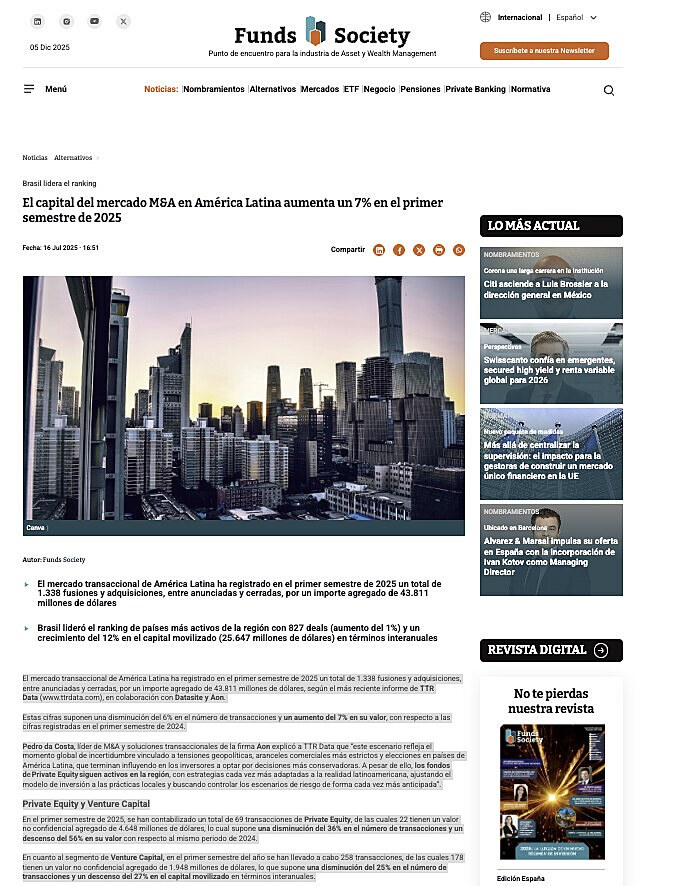 El capital del mercado M&A en Amrica Latina aumenta un 7% en el primer semestre de 2025